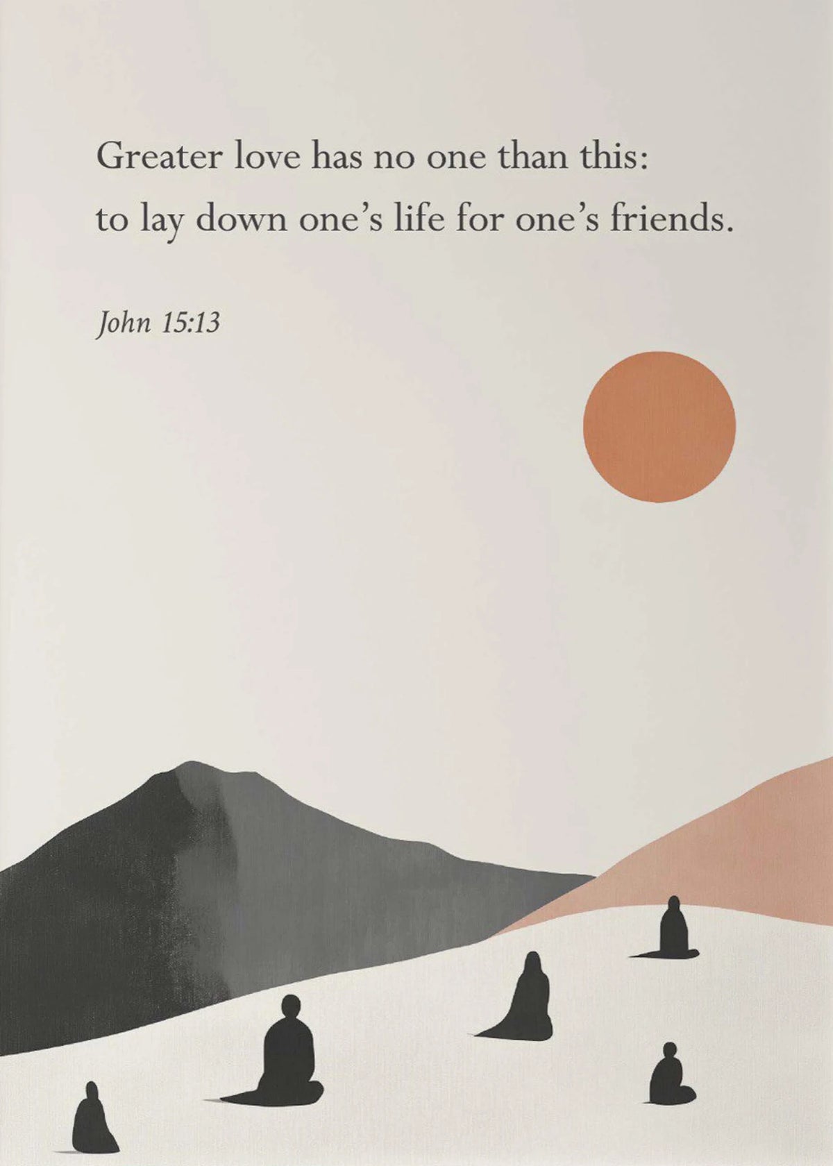A minimalist canvas featuring a Bible verse about love and sacrifice, set against a soft gradient background with silhouetted