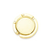 A round, gold-colored compact folding table bag hook or portable purse hanger.