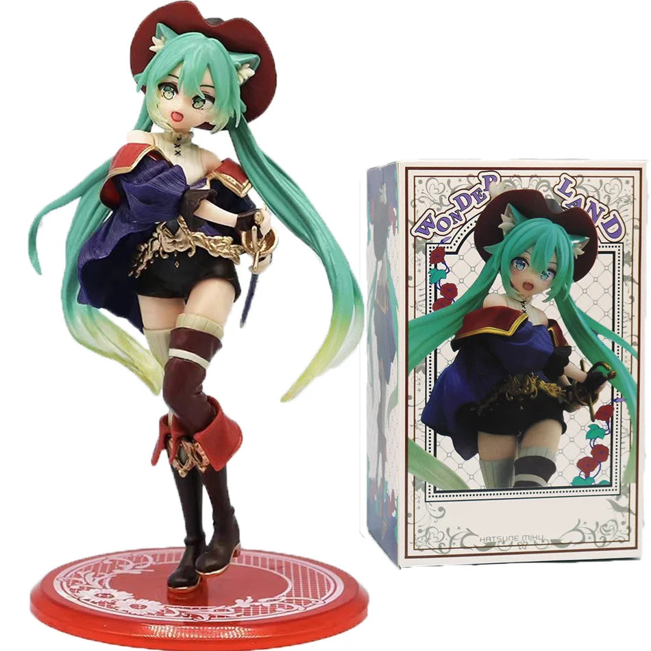 A PVC collectible figurine of Hatsune Miku in a purple and black outfit with green hair, displayed on a red base.