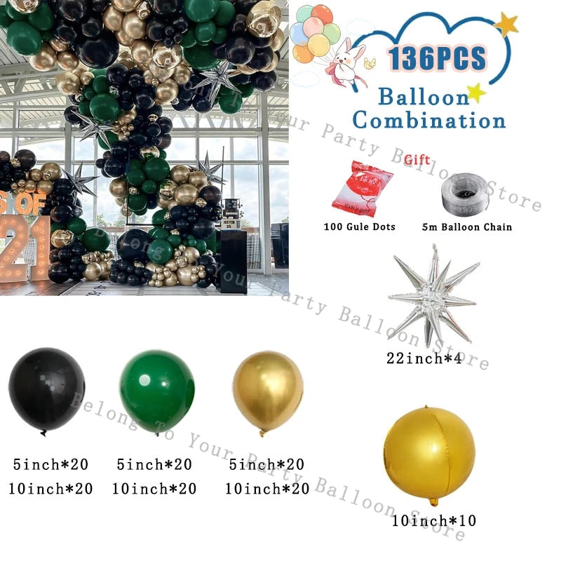 A balloon garland kit featuring various colors and sizes including latex balloons, gold, green, and black.