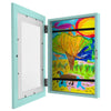 A light blue wooden picture frame is shown open, displaying a vibrant painting of an orange tree and a brown animal.