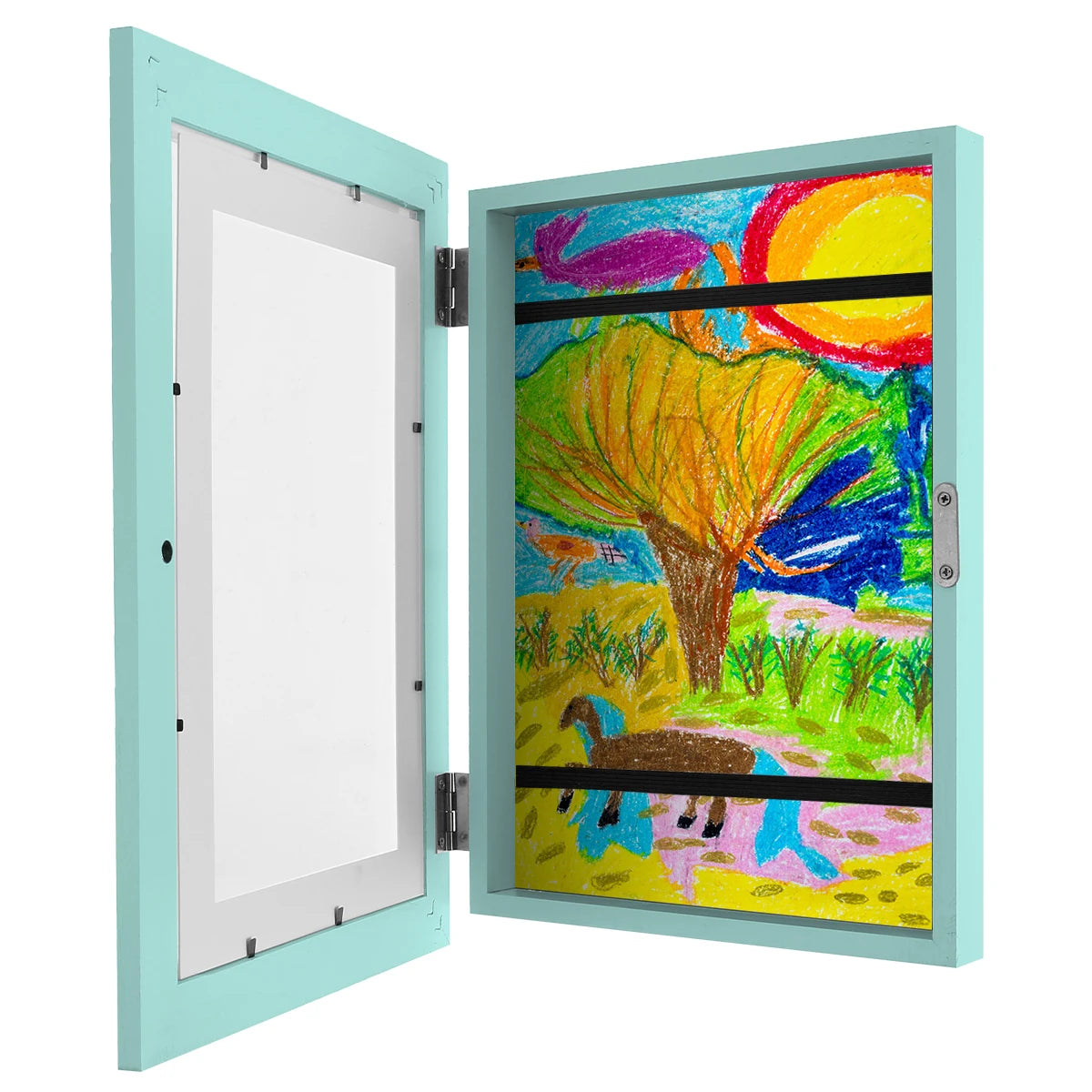 A light blue wooden picture frame is shown open, displaying a vibrant painting of an orange tree and a brown animal.