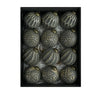 A set of twelve antique silver-green shatterproof Christmas tree ball ornaments displayed in a black box.