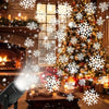 A close-up of a USB rotating LED snowflake projection light illuminating a decorated Christmas tree and warm indoor scene.