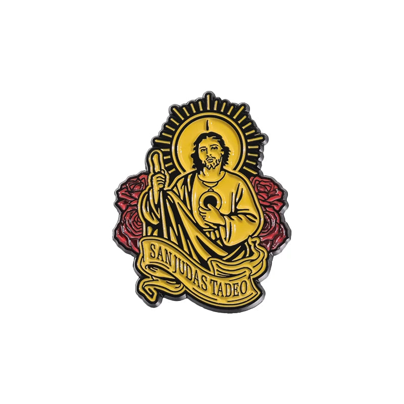 Faith enamel pin featuring a golden depiction of Saint Jude Thaddeus with a halo and surrounding roses.
