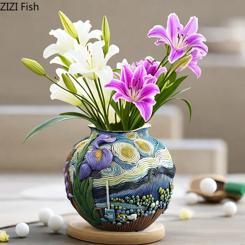 A vase filled with purple and white lilies on a wooden stand.