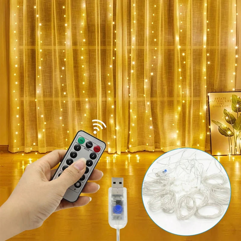 USB LED Curtain Lights with Remote – 8 Lighting Modes for Weddings & Home Decor