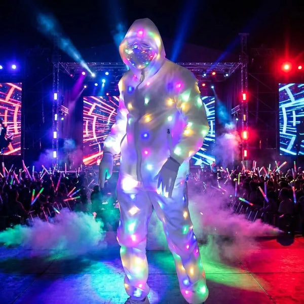 A person wearing a full LED light-up neon costume jacket and pants set on a stage with bright lights and smoke effects.
