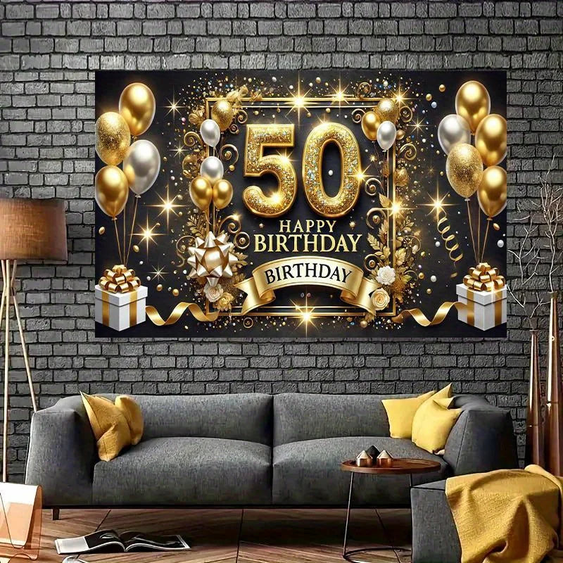 A large black banner featuring gold balloons and sparkling elements for a 50th birthday celebration displayed on a brick wall