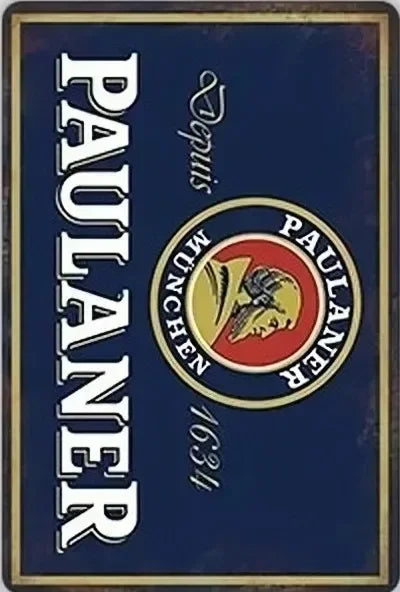 Vintage beer metal sign featuring the name Paulaner and a circular emblem.
