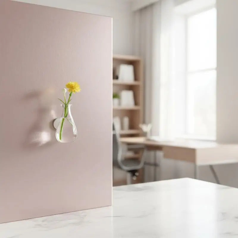 A small glass flower vase with a yellow flower is magnetically attached to a pink wall.