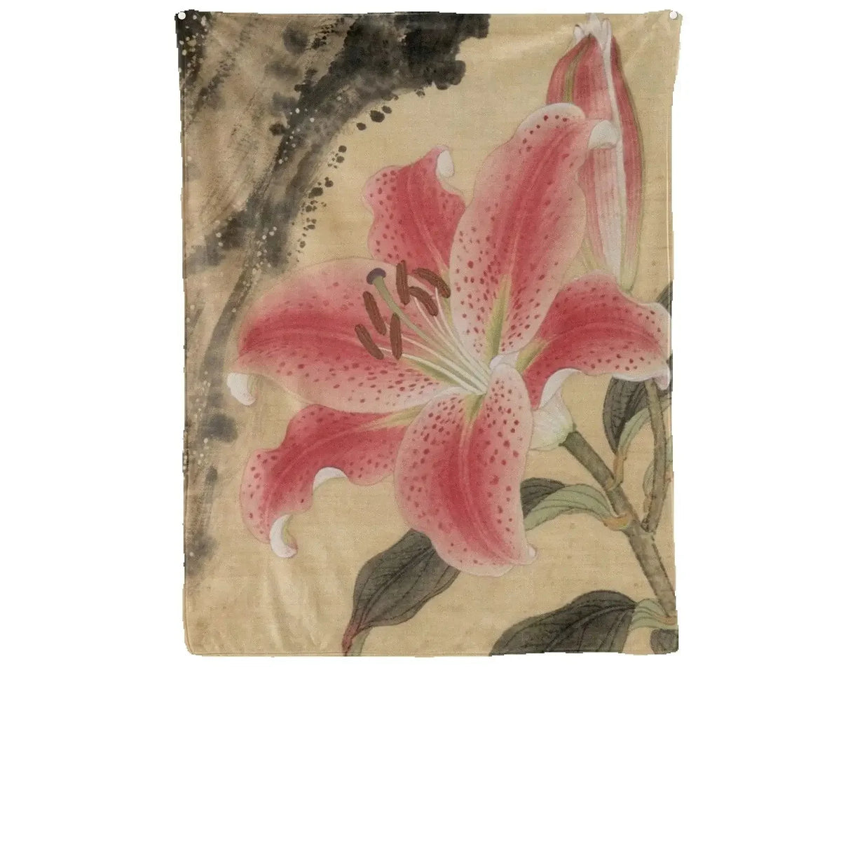 A wall tapestry featuring pink and white lilies on a muted beige background with dark accents.