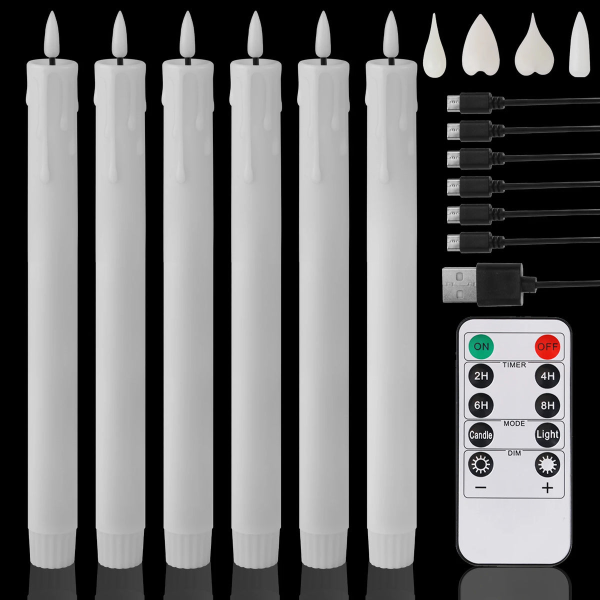 A set of white flameless LED taper candles and a remote control for timer and light functions.