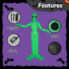 A green inflatable alien decoration featuring stakes, strings, a built-in IP44 air blower, and a UL safety certified plug.