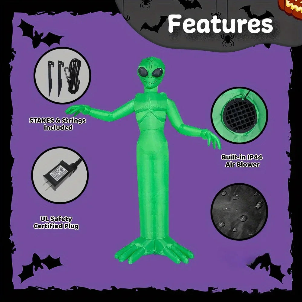 A green inflatable alien decoration featuring stakes, strings, a built-in IP44 air blower, and a UL safety certified plug.