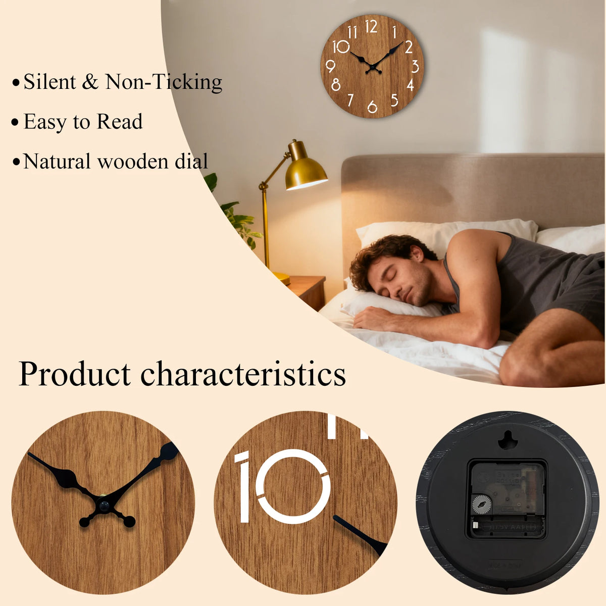 A minimalist wooden wall clock with a natural wood dial is shown next to its components.