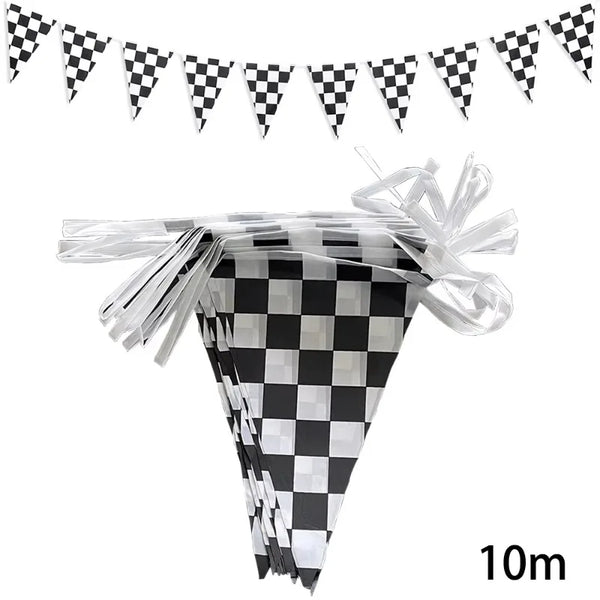 A black and white checkered banner with a race car design and a decorative ribbon.