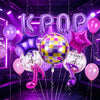 A purple and pink foil balloon set featuring the letters KPOP and various stars for a party decoration.