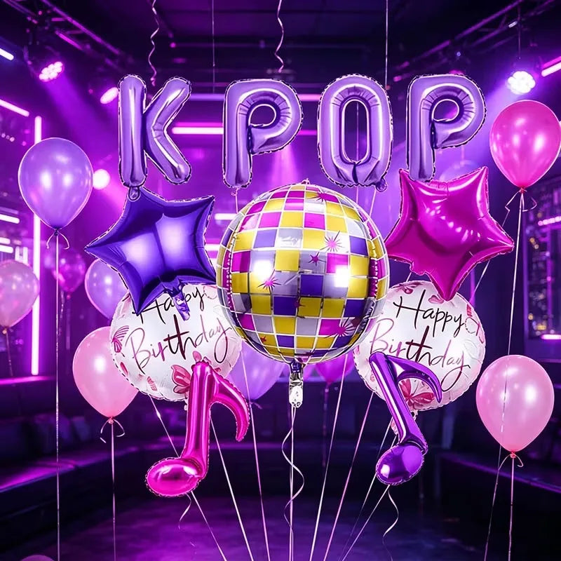 A purple and pink foil balloon set featuring the letters KPOP and various stars for a party decoration.