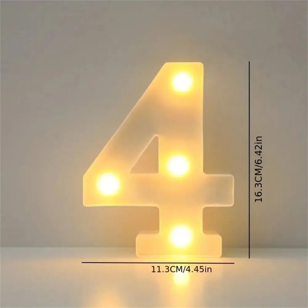 A glowing yellow LED letter light shaped like the number four, displayed against a light gray background.