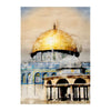 A golden dome of a mosque structure with blue tiles and an arched entrance under a cloudy sky.