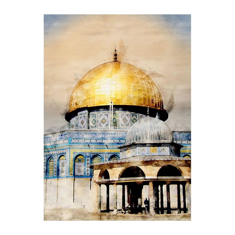 A golden dome of a mosque structure with blue tiles and an arched entrance under a cloudy sky.