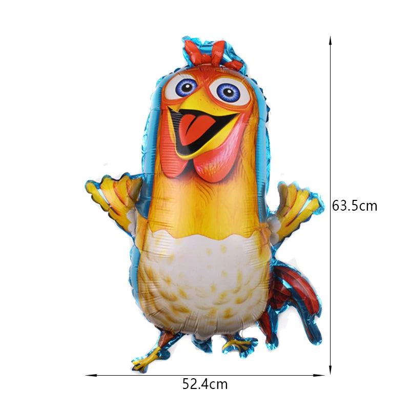 A yellow and blue chicken-shaped balloon decoration with large eyes and a red beak.