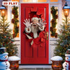 A festive red door with a cracked opening featuring a vintage Santa face and beard for holiday parties