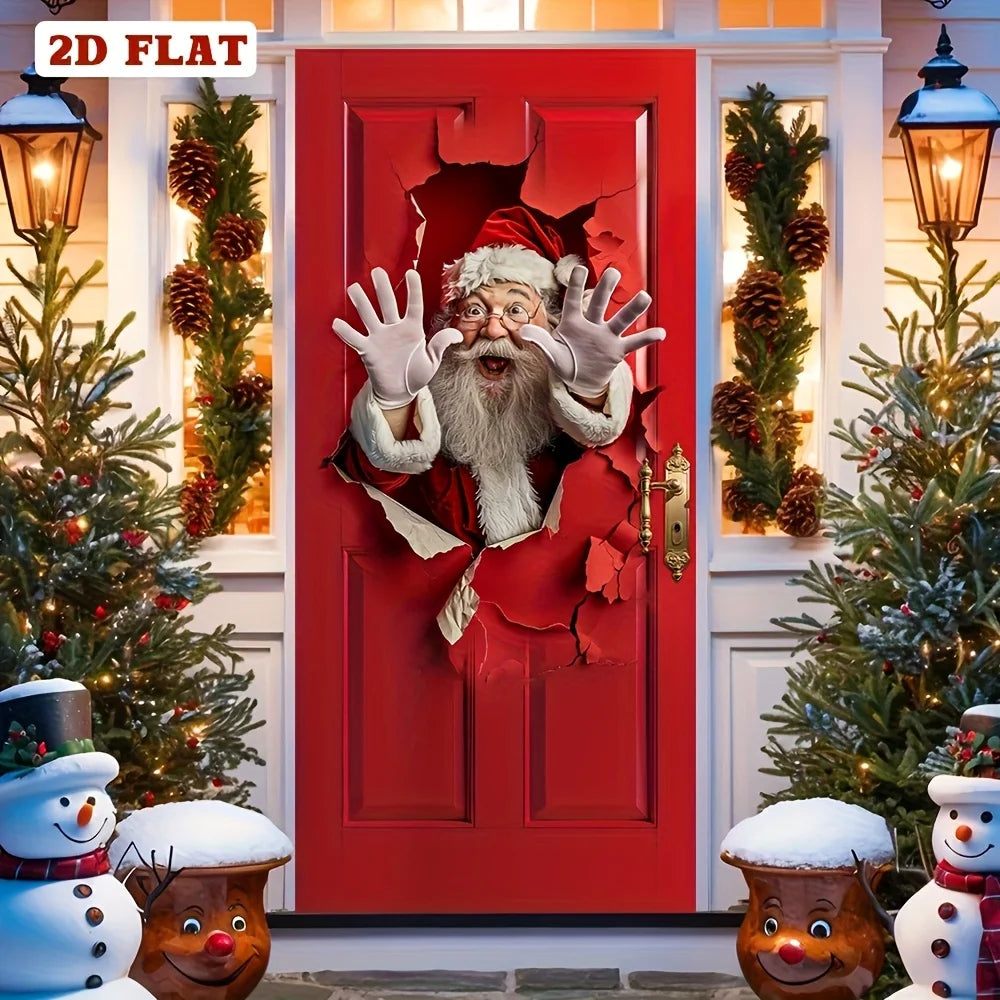 A festive red door with a cracked opening featuring a vintage Santa face and beard for holiday parties