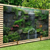 A vertical wall tapestry featuring a stone facade covered in lush green vines and a cascading waterfall over a pond.