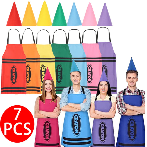 A set of seven colorful crayon apron and cone hat costumes displayed in a row.