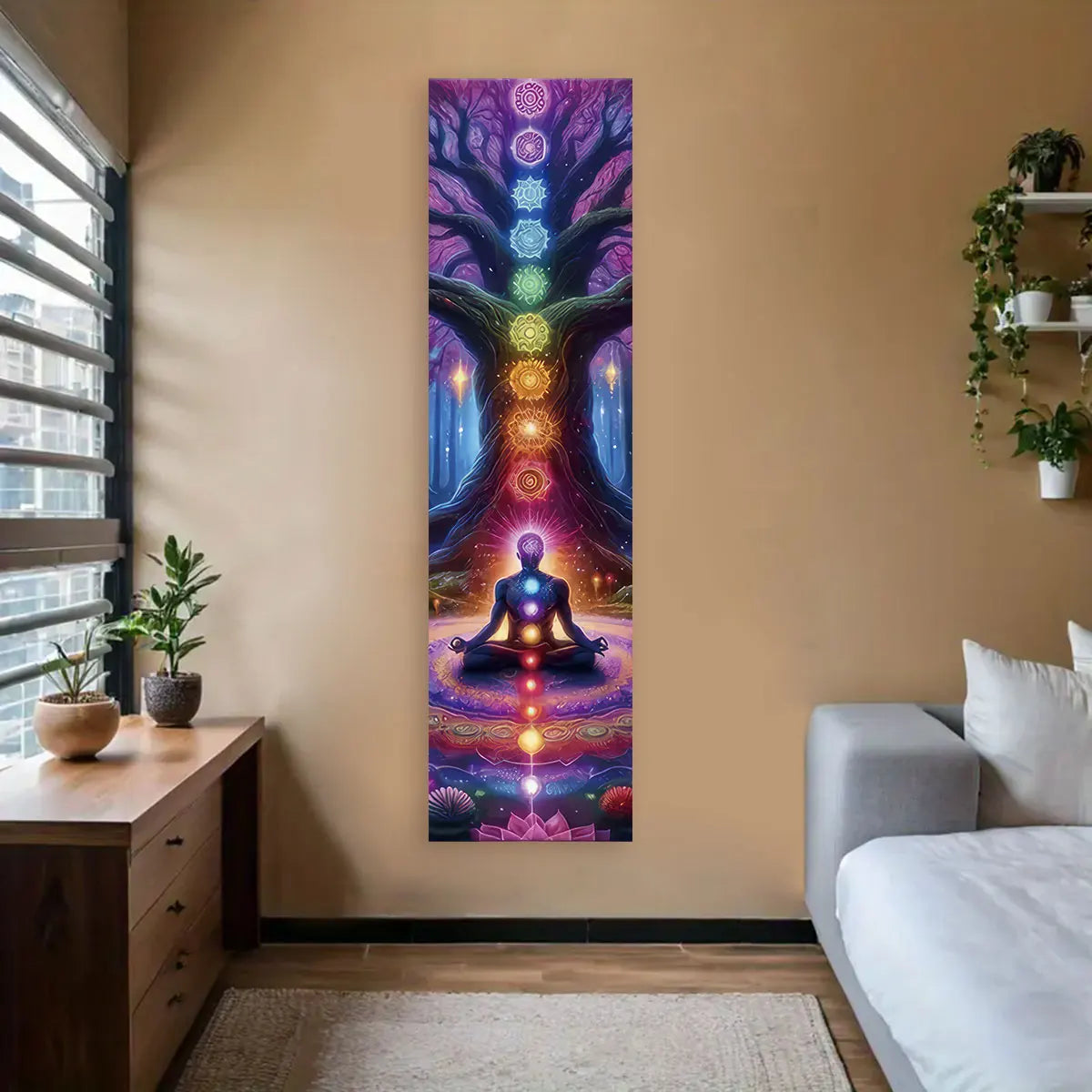 A vertical tapestry featuring a vibrant, colorful tree with glowing chakras and a meditating figure against a purple backgrou