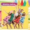 A group of seven people wearing colorful crayon apron and cone hat costumes posing joyfully.