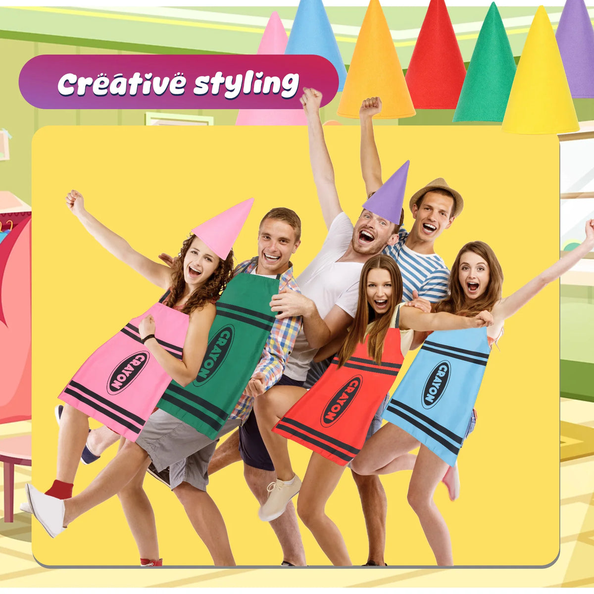 A group of seven people wearing colorful crayon apron and cone hat costumes posing joyfully.