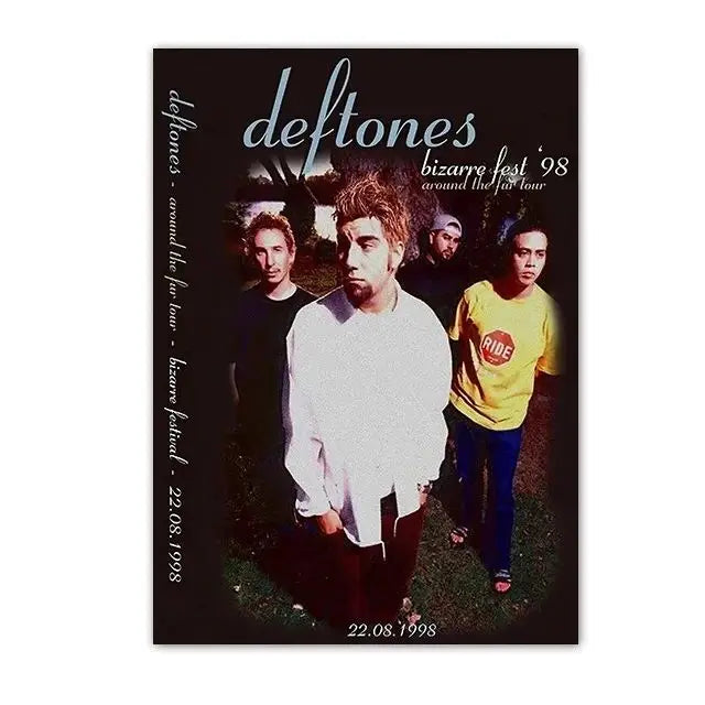 A black and white concert poster featuring the band Deftones with text like bizarre fest '98 and around the tour.
