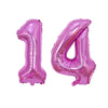 Two foil balloons shaped like the number 1 and 4 in pink rose gold for birthday party decor