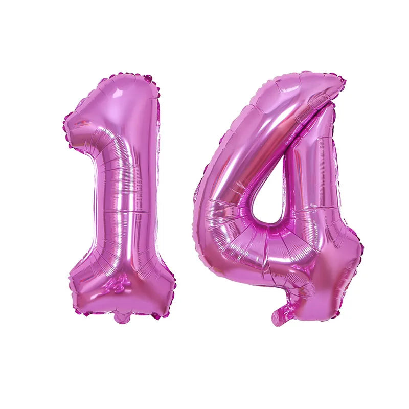 Two foil balloons shaped like the number 1 and 4 in pink rose gold for birthday party decor