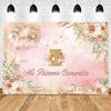 A pink and gold faith-themed backdrop featuring floral accents and a large cross design for a baptism or communion celebratio