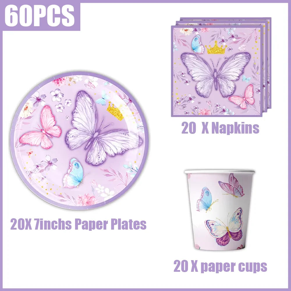 A set of butterfly-themed disposable party items including plates, napkins, and cups.