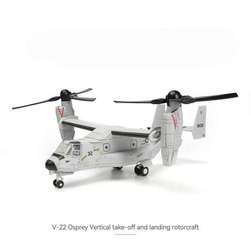 A model of a V-22 Osprey tiltrotor aircraft built from building blocks.