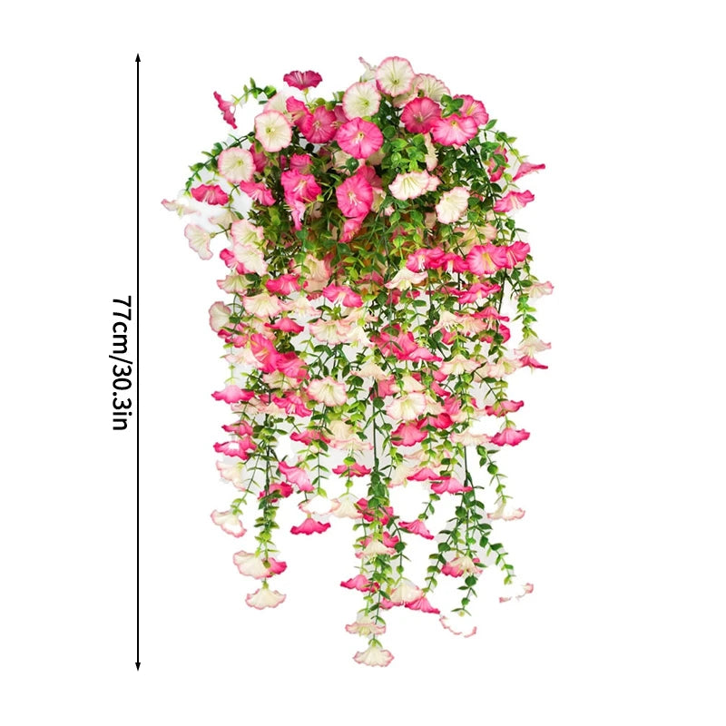 A hanging arrangement of pink and white silk morning glory vine flowers for home decor.