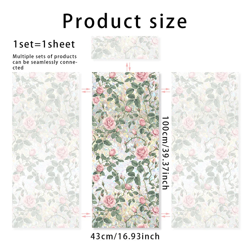 A sheet of botanical print static cling window film featuring pink roses and green leaves.