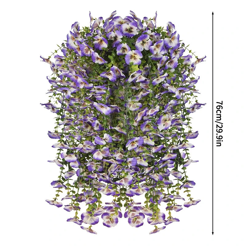 A vertical arrangement of purple and white silk morning glory vine hanging flowers for home decor.