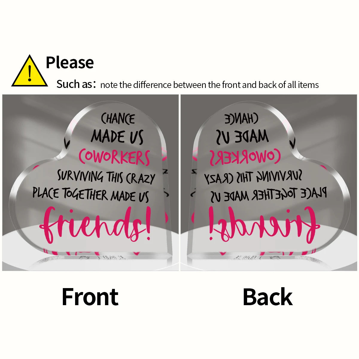Front and back views of a heart-shaped glass plaque with text about coworkers and friends