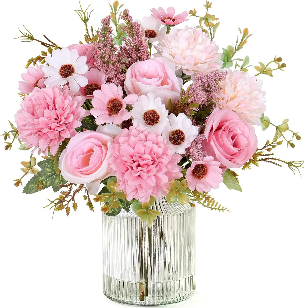 A bouquet of artificial silk roses and daisies in shades of pink, cream, and mauve.