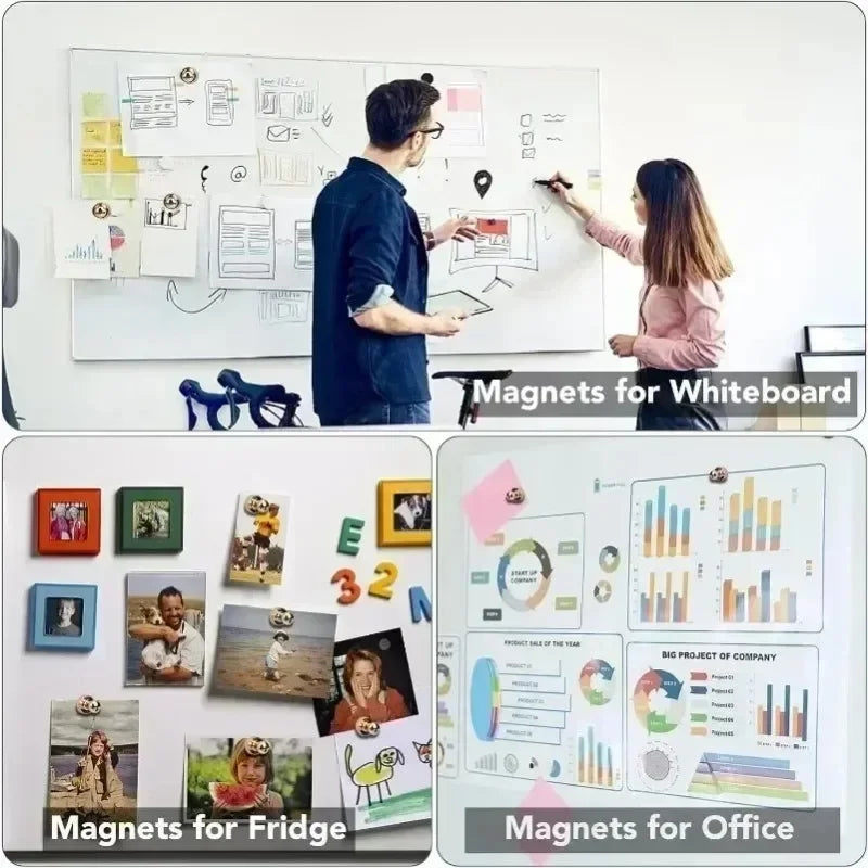 Verschiedene Magnete für Whiteboards und Kühlschränke, einschließlich Stecknadeln und verschiedener Formen.