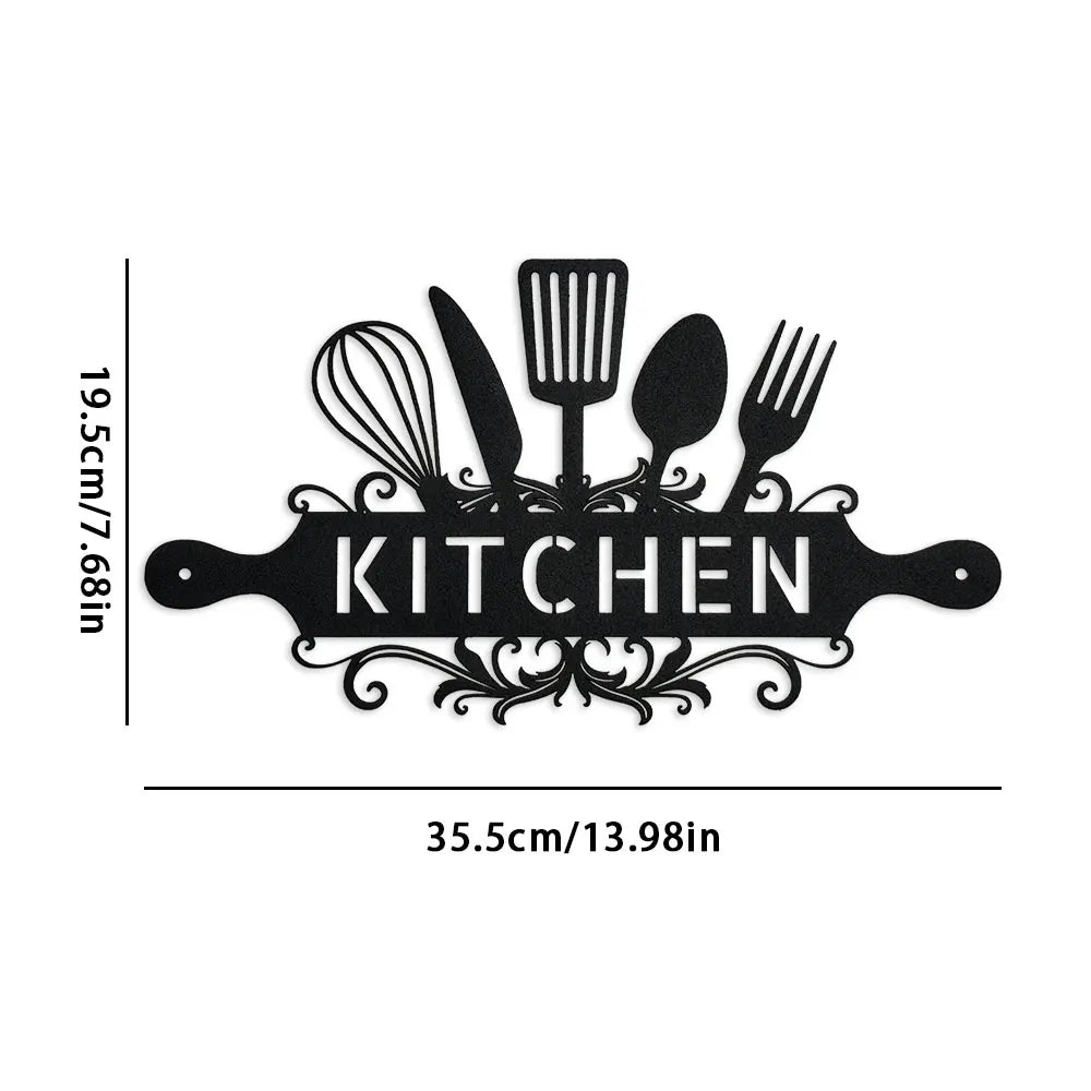 Black rustic farmhouse metal wall sign featuring kitchen utensils like a whisk, fork, and spoon.