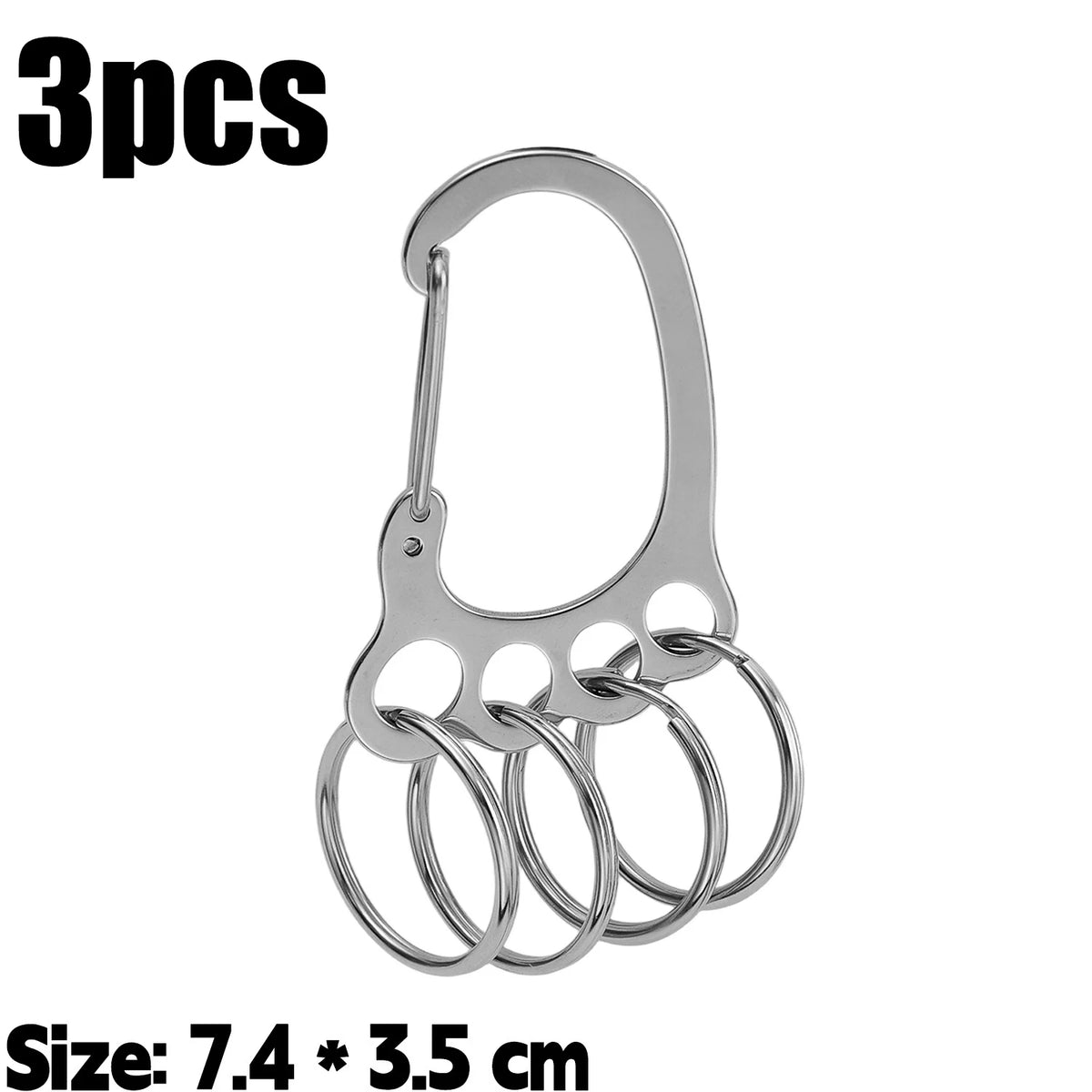 Three stainless steel keychains with multi-loop design, measuring 7.4 by 3.5 cm.