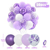 A bundle of 50 latex balloons in pastel purple, blue, and white with confetti decorations.