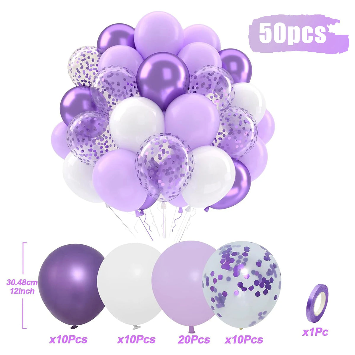 A bundle of 50 latex balloons in pastel purple, blue, and white with confetti decorations.